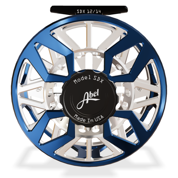 Abel SDX 12/14 fly reel, Deep Blue frame and Platinum spool, front view