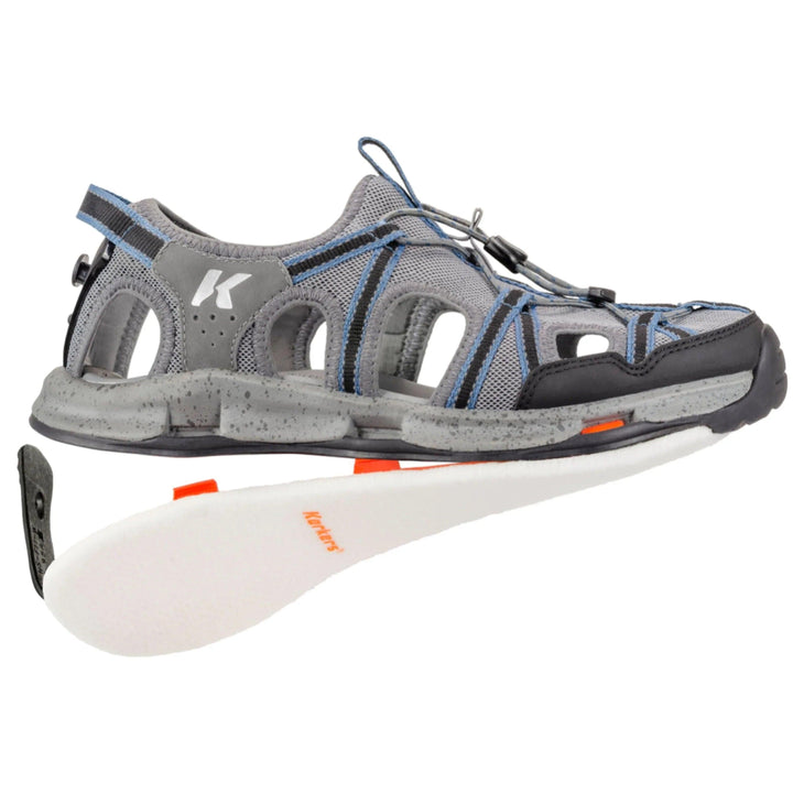 Korkers Swift Sandal in gray and blue with closed toe and open sides, shown with a detached felt OmniTrax sole