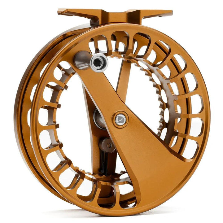 Lamson Purist II fly reel in Whiskey, spool side with handle