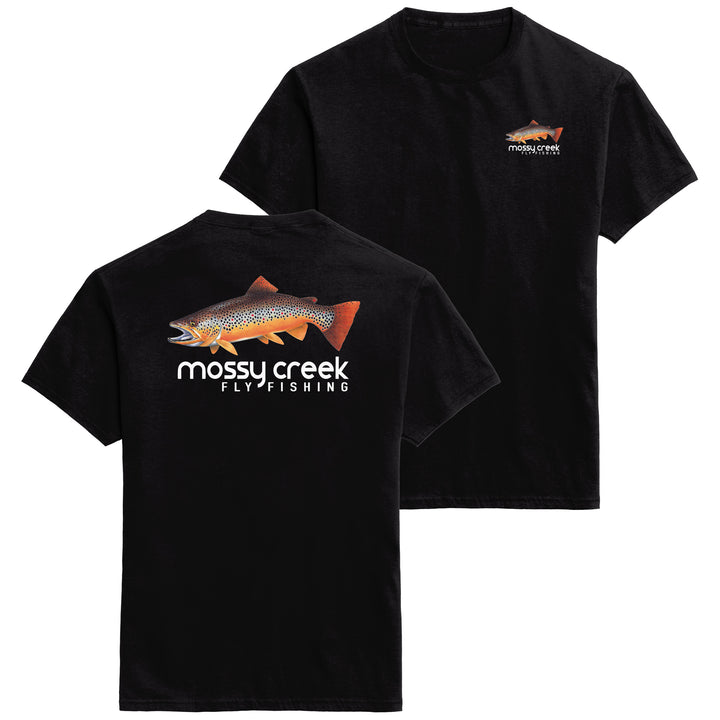 Mossy Creek Fly Fishing short sleeve tee in black, back with brown trout logo and front with full-color chest logo