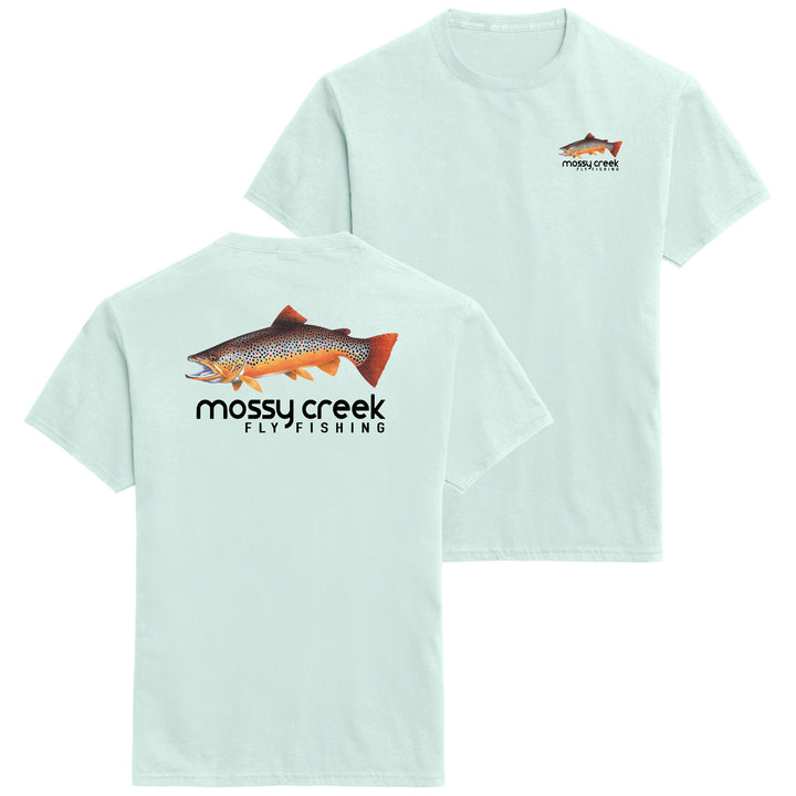 Mossy Creek Fly Fishing short sleeve tee in soft mint, back with brown trout logo and front with full-color chest logo