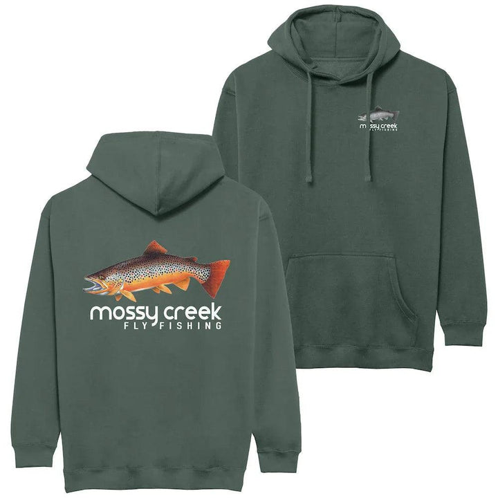 Mossy Creek Fly Fishing hoodie in dark green, back with brown trout logo and front with chest logo