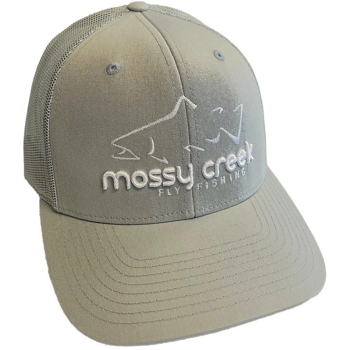Mossy Creek Fly Fishing logo trucker hat with quarry gray front and mesh with white trout logo, front angle view