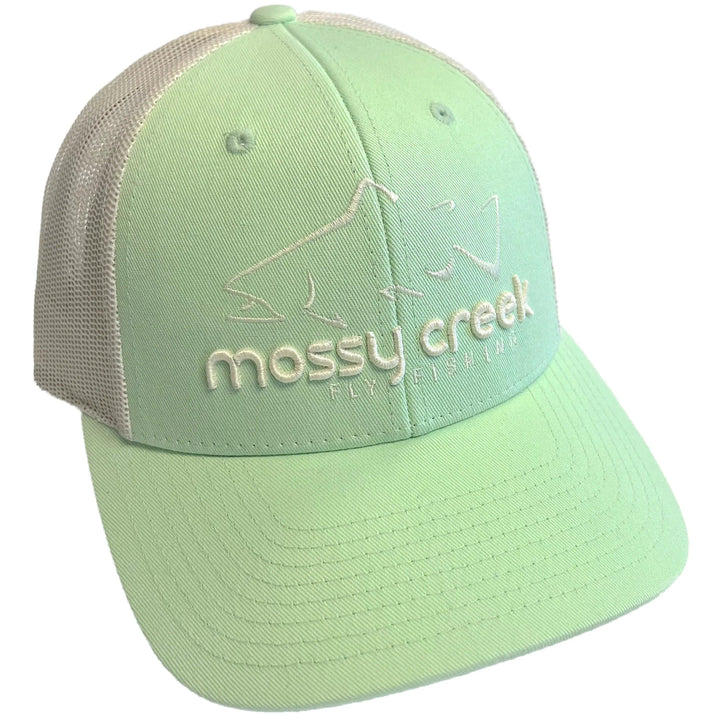 Mossy Creek Fly Fishing small trucker hat with patina green front and bill, birch mesh and a tonal logo