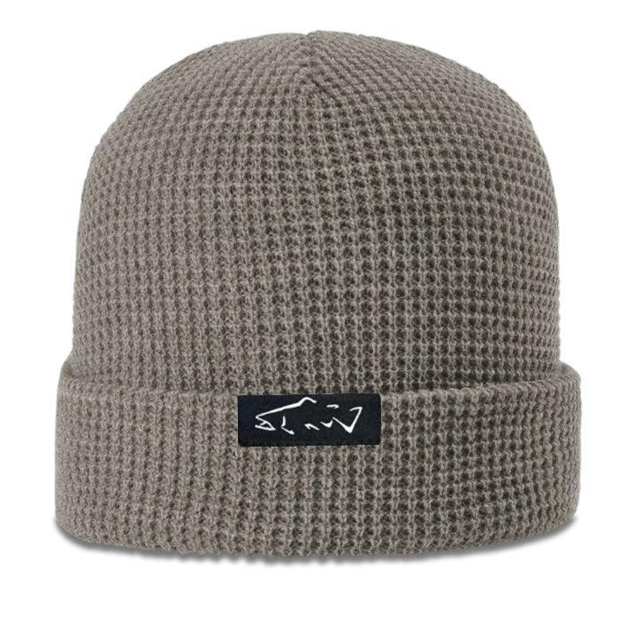 Mossy Creek Fly Fishing waffle knit beanie in dark sand with folded cuff and woven trout label
