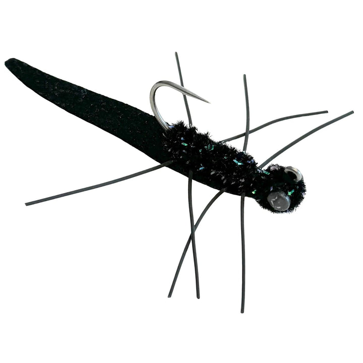 Mossy Creek Ned Rig fly in black with black body and black rubber legs, dumbbell eyes and jig hook