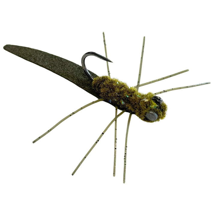 Mossy Creek Ned Rig fly in olive with olive tail, olive body and legs, dumbbell eyes and jig hook
