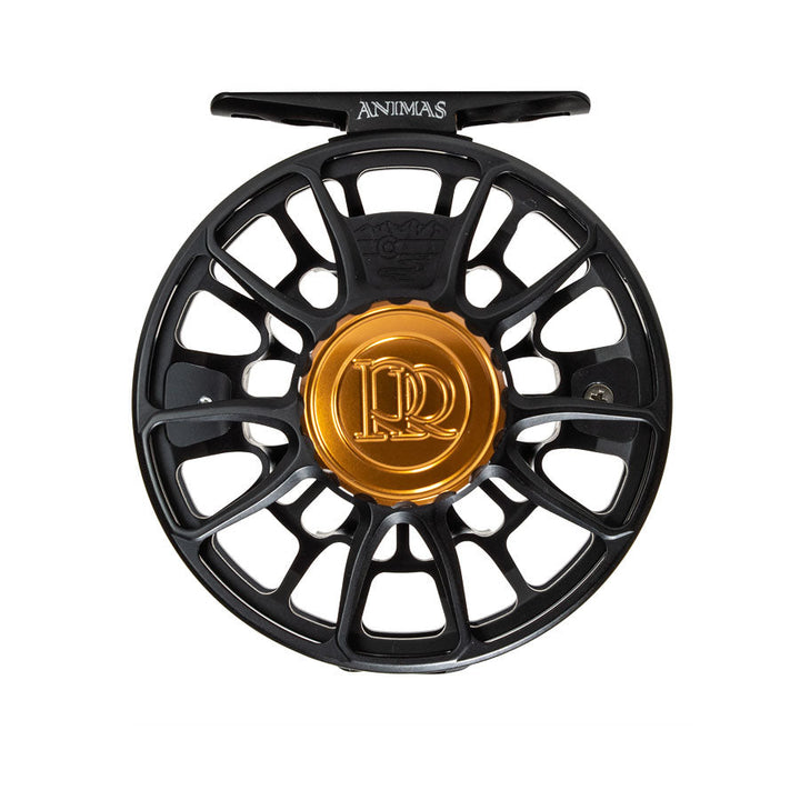 Ross Animas fly reel in Matte Black, front view with copper-tone drag knob
