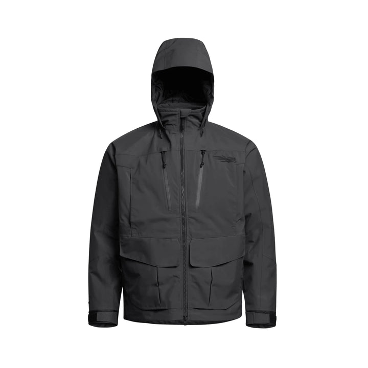 Sitka Hudson Jacket in Iron Grey, front view with hood up