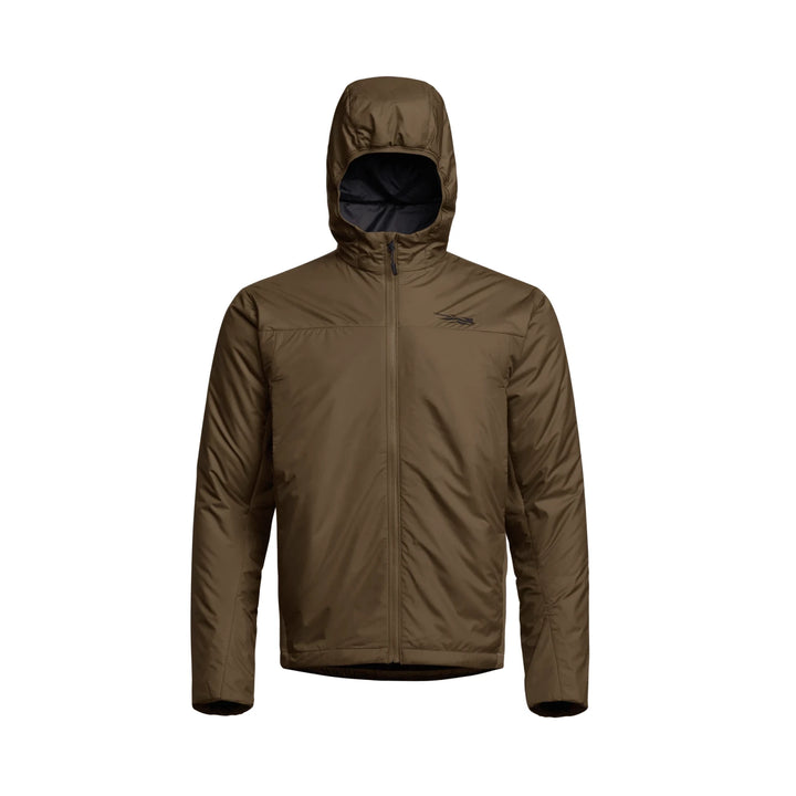 Sitka Kelvin LT Hooded Jacket in Coyote, front view with hood up