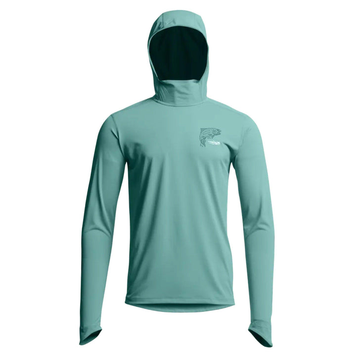 Sitka Radiant Graphic Sun Hoodie in Aqua Trout, front view with hood up