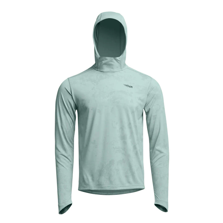 Sitka Radiant Sun Hoodie in Saltwater Blue Camo, front view with hood up