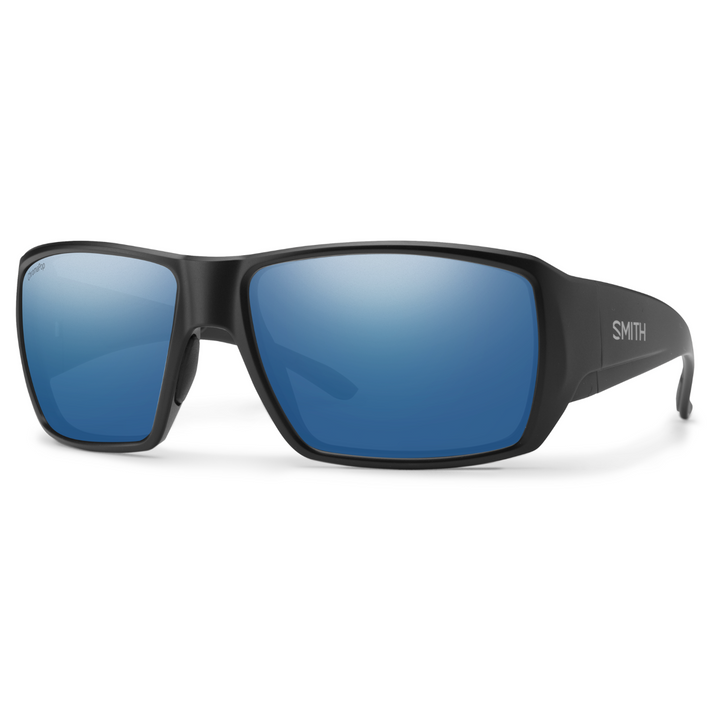 Smith Guide's Choice S sunglasses, Matte Black frame, ChromaPop Glass Polarized Blue Mirror lens, three-quarter view