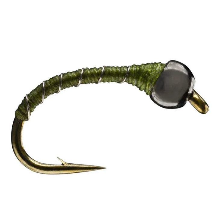 Umpqua Zebra Midge Olive nymph with tungsten bead and ribbed body