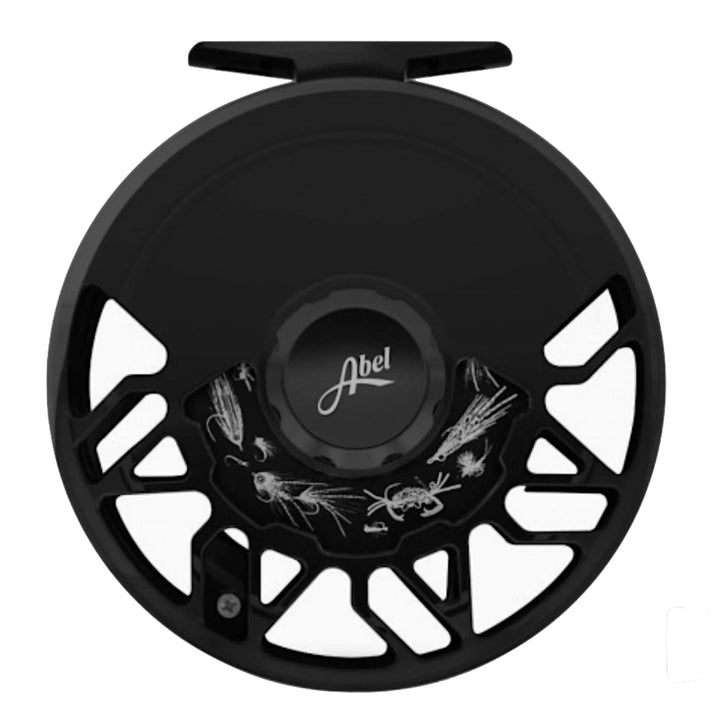 Abel ROVE 5/7 fly reel in black, front view of ported frame