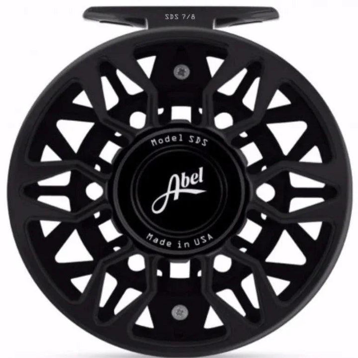 Abel SDS 7/8 fly reel in black, front view with Abel Model SDS Made in USA logo