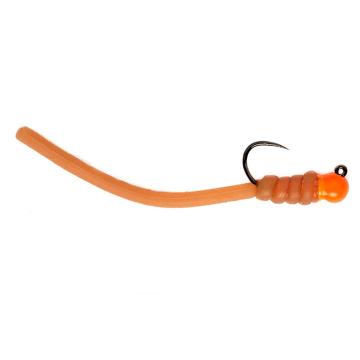 Fulling Mill Squirminator Jig Tan, squirmy worm jig fly with a hot bead