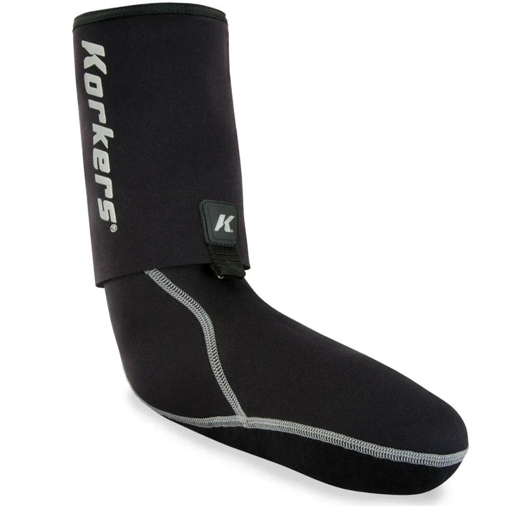 Korkers I-Drain Guard Sock in black neoprene with built-in gravel guard and Korkers logo