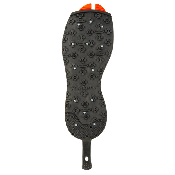 Korkers Studded Kling-On OmniTrax sole in black rubber with carbide studs and orange heel tab