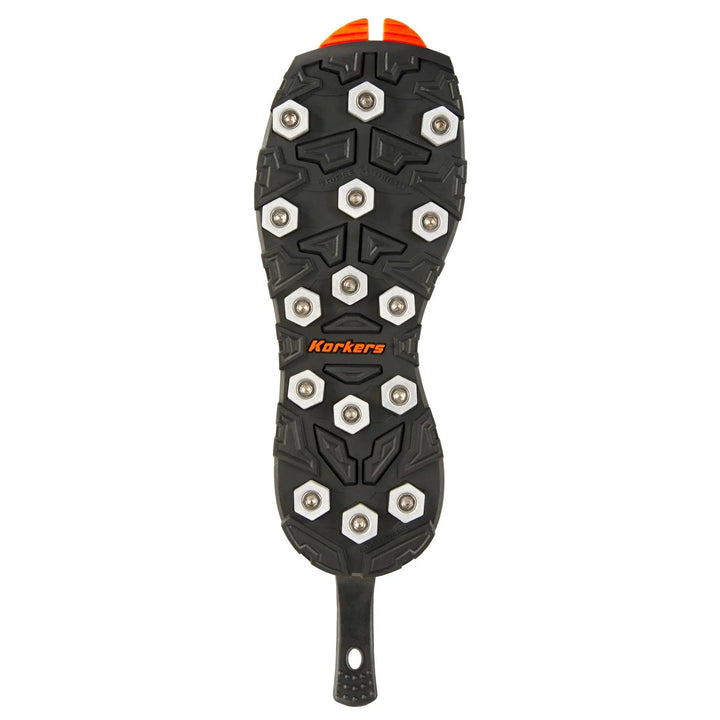 Korkers Triple Threat OmniTrax sole in black rubber with aluminum hex discs and orange heel tab