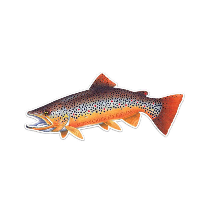 Mossy Creek Fly Fishing 3.5 in die-cut brown trout sticker, side view on white