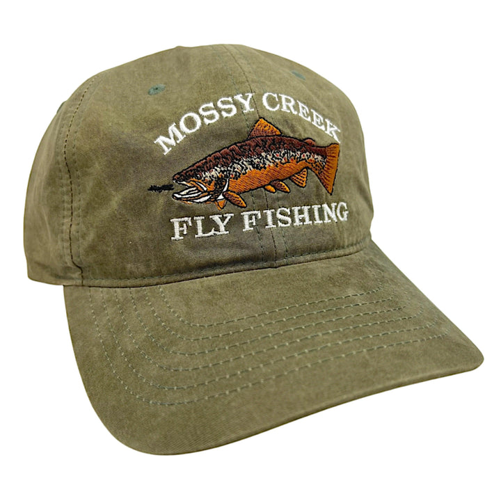 Mossy Creek Fly Fishing vintage unstructured 6-panel hat in loden with brown trout logo
