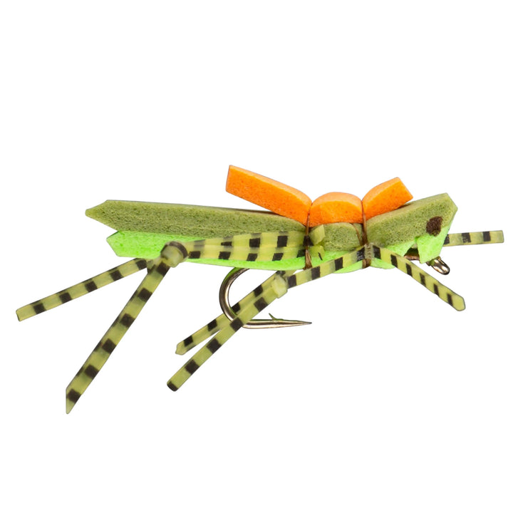 RIO Morrish Hopper Green dry fly with foam body, rubber legs and orange top