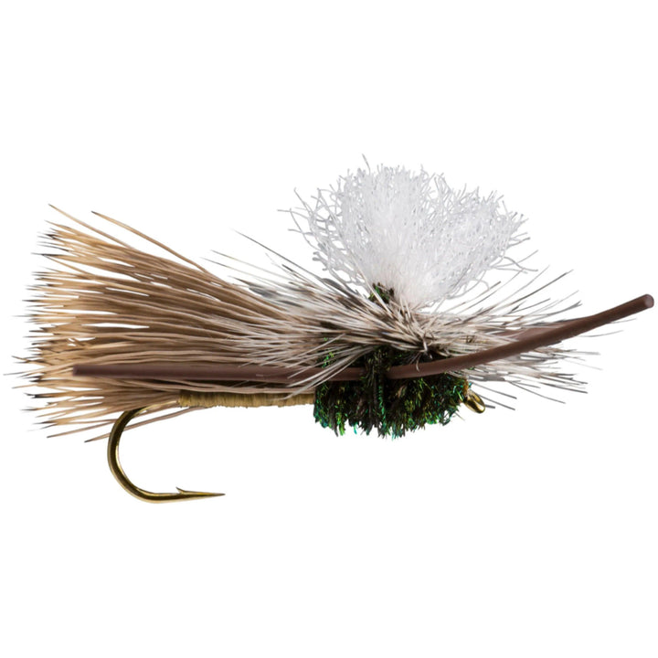 PMX Olive dry fly with elk hair wing, white parachute post, peacock herl and rubber legs