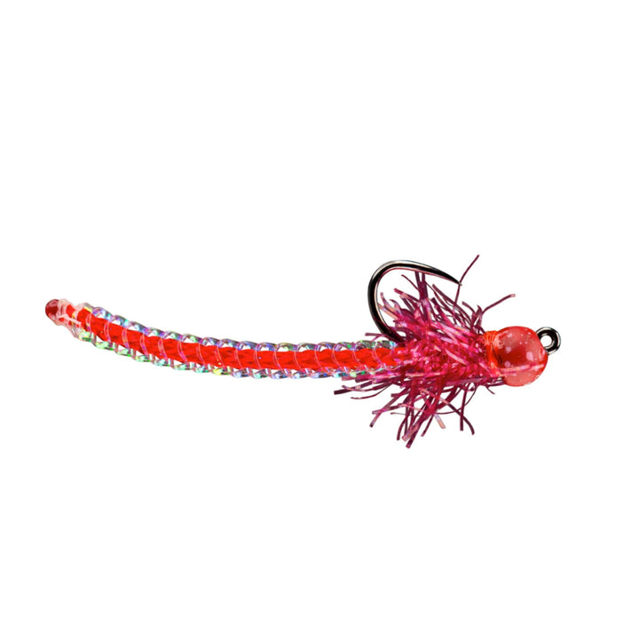 RIO Pool Noodle Red, worm fly with tungsten bead on a jig hook