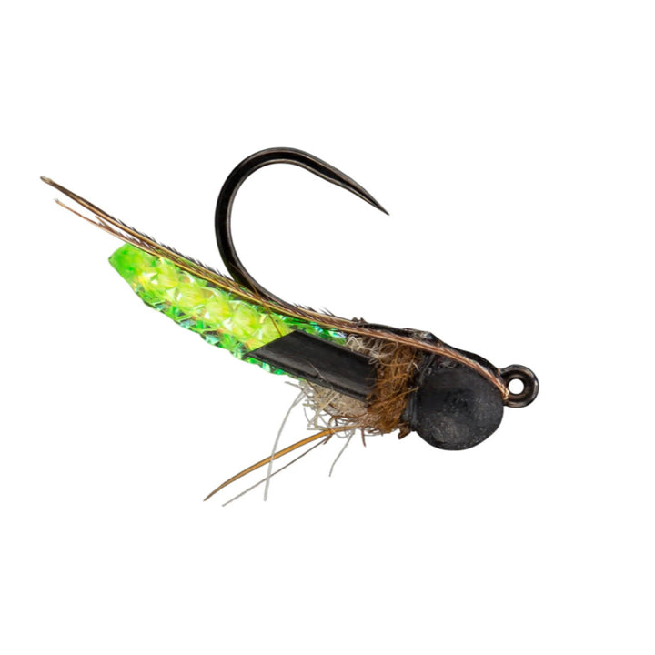 RIO Puparazzi Chartreuse, caddis pupa with mottled tungsten bead and dark wing pads