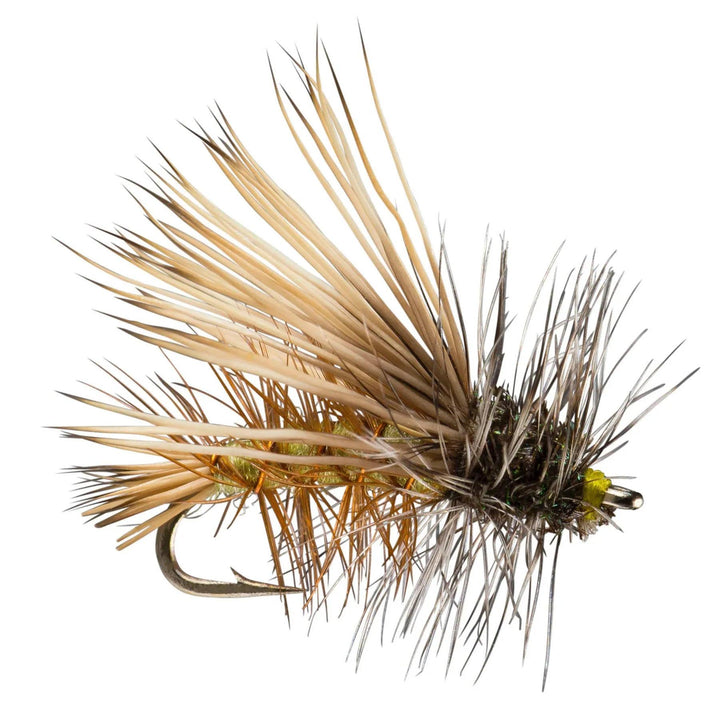 RIO Stimulator Olive dry fly with elk-hair wing and palmered hackle