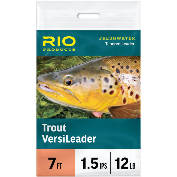 RIO Trout VersiLeader package with brown trout artwork, 7 ft 1.5 ips 12 lb label
