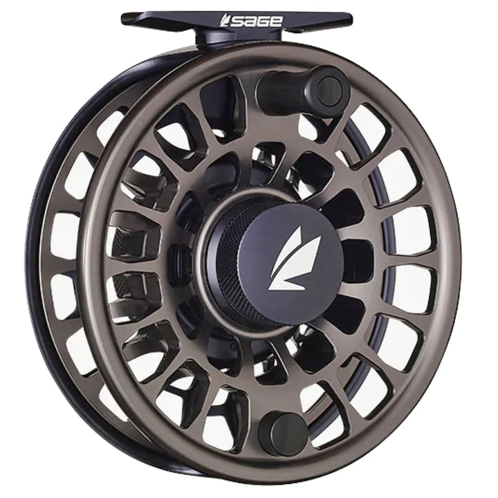 Sage Enforcer fly reel in Tempest Blue, angled view