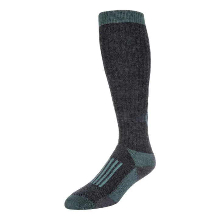 Simms merino thermal OTC sock in charcoal and teal, side view