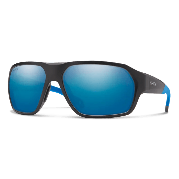 Smith Deckboss sunglasses, Matte Black Blue frame, ChromaPop Glass Polarized Blue Mirror lens, three-quarter view