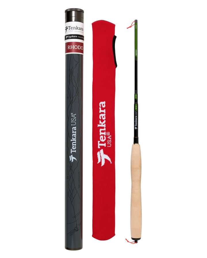 Tenkara USA Rhodo tenkara rod collapsed with cork handle, red rod sock and gray rod tube