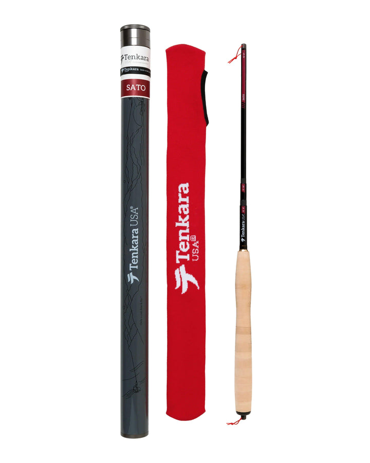 Tenkara USA Sato tenkara rod collapsed with cork handle, red rod sock and gray rod tube
