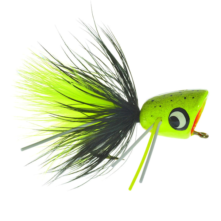 Umpqua Bass Popper Chartreuse Splatter fly with popper head and rubber legs