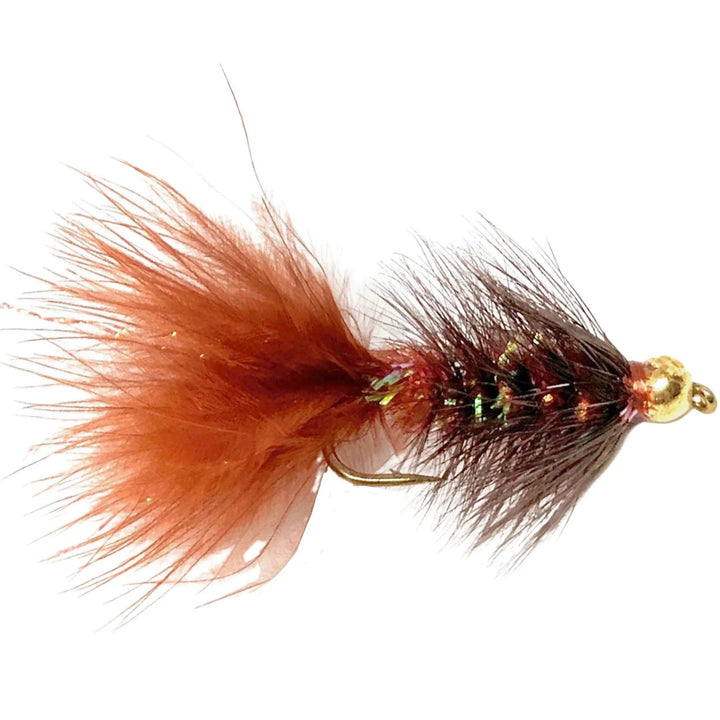 Umpqua Crystal Bugger Copper/Brown streamer with gold bead, flash body and marabou tail