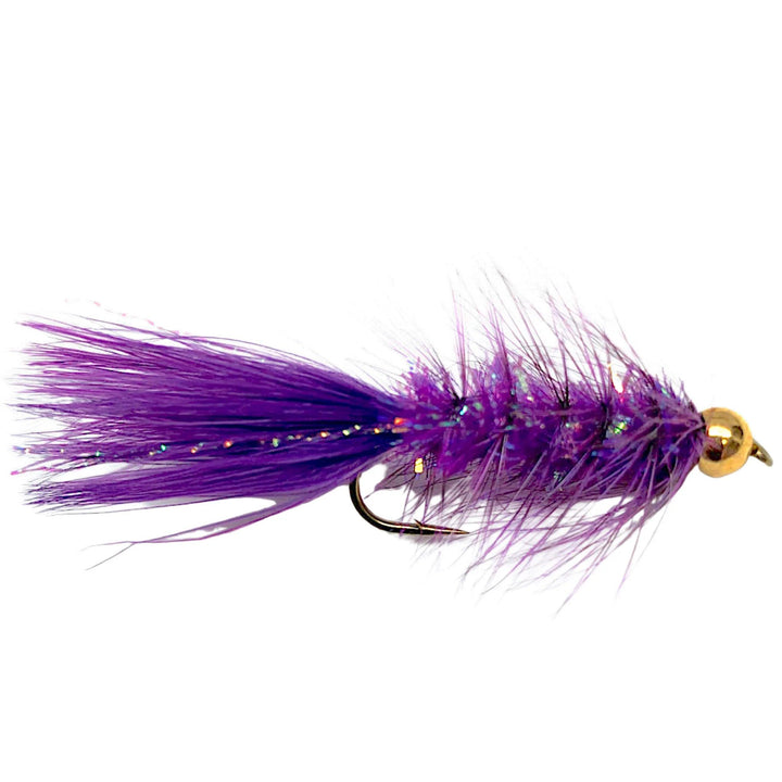 Umpqua Crystal Bugger Purple streamer with gold bead, flash body and marabou tail