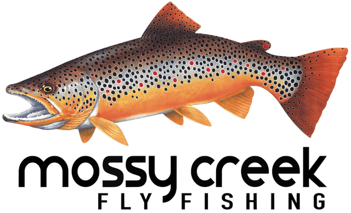  the trademarked logo of mossy creek fly fishing with a brown trout and black text 