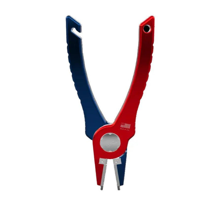 Abel pliers with one deep blue and one red handle, front view