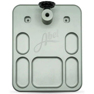 Abel Vise Base in Satin Platinum, top view showing three vise positions and five milled pockets