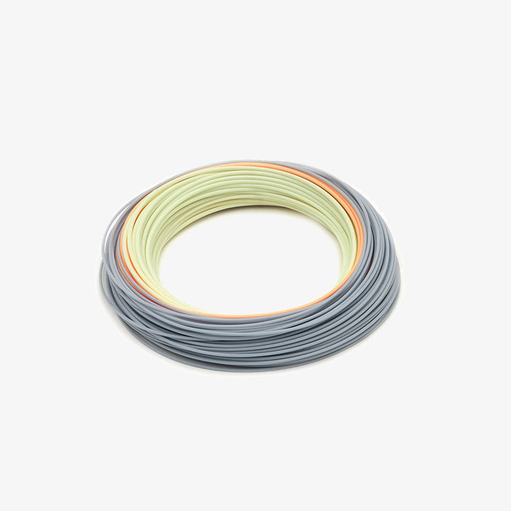 Coil of RIO Elite Bonefish fly line in sand, orange and blue