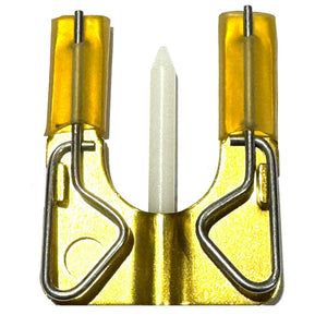 Blood knot tier tool in anodized brass color with two wire line holders and a white center post