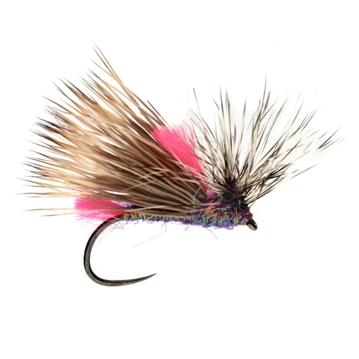 Fulling Mill Front End Loader Purple, caddis dry fly with an elk hair wing