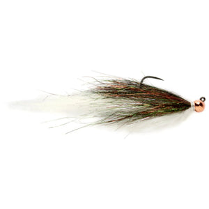 Fulling Mill George Daniel Spark Plug Olive and White, flashy jig minnow streamer