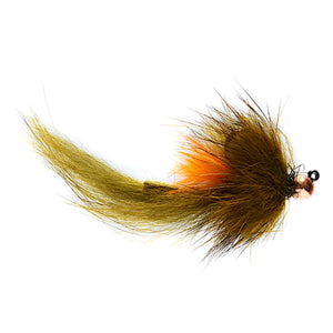 Fulling Mill Keslar's Hot Butt Slump Olive, jig streamer with an orange marabou tail