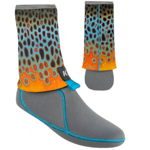Korkers I-Drain Guard Sock in DeYoung Brown Flank print with brown trout spots and gravel guard