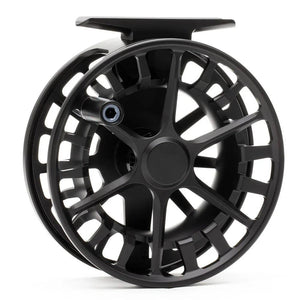 Lamson Guru S fly reel in Blackout, front view showing large-arbor spool and handle